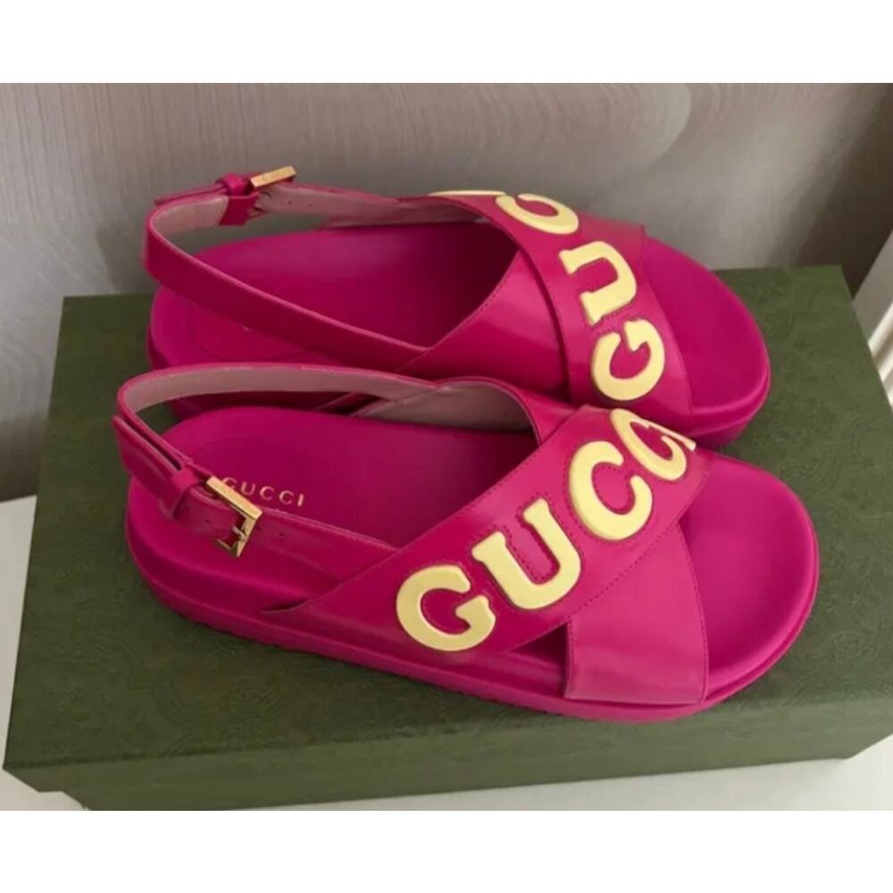Gucci Hot Pink Sandals with Yellow Logo